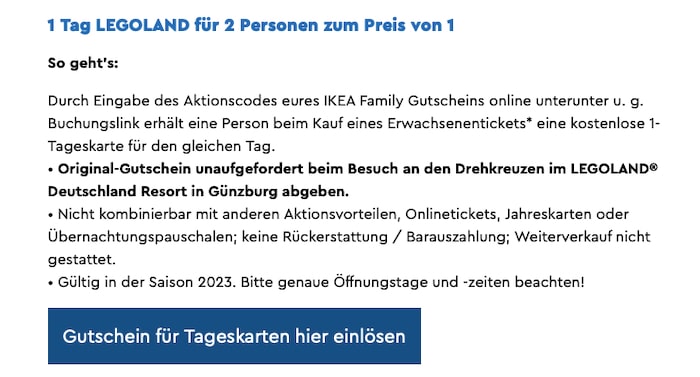 IKEA LEGOLAND Deutschland 2 für 1 Gutschein erhältlich