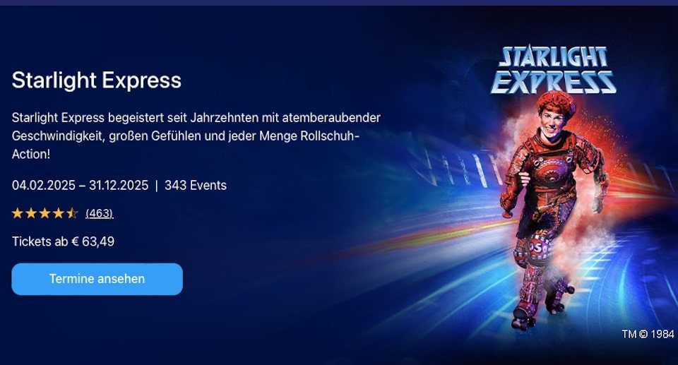 Starlight Express Musical Tickets 2025 für kleine 49,50 Euro